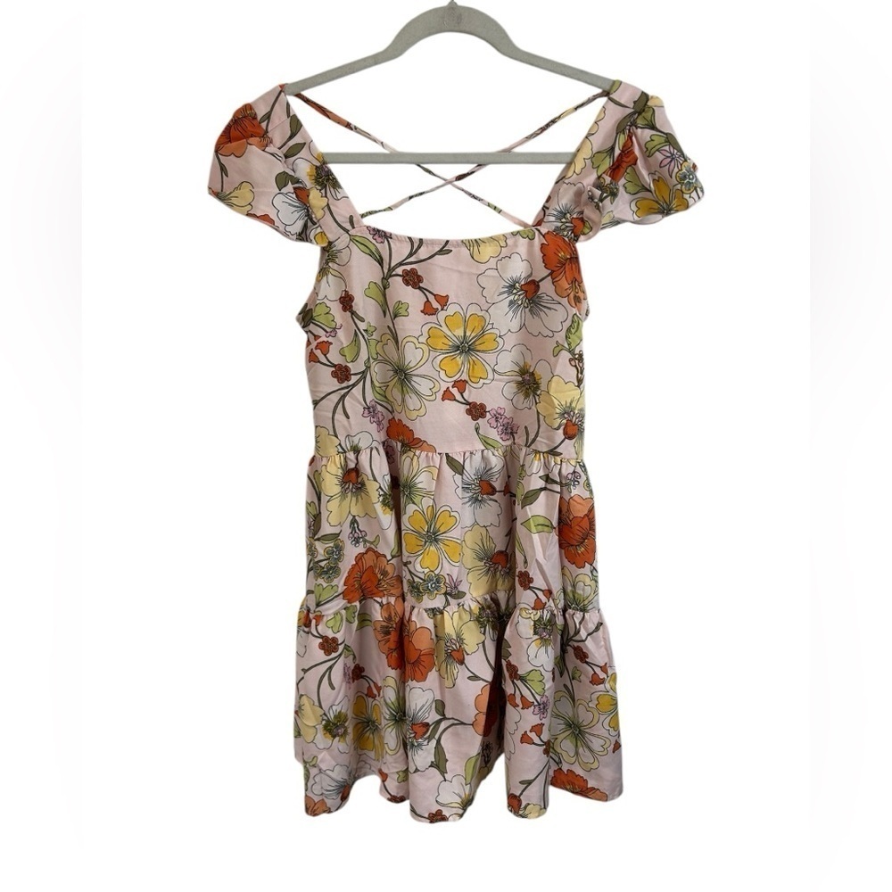 Lottie & Holly Ballet Pink Floral Tiered Mini Dress Cross Back Women’s Small NWT